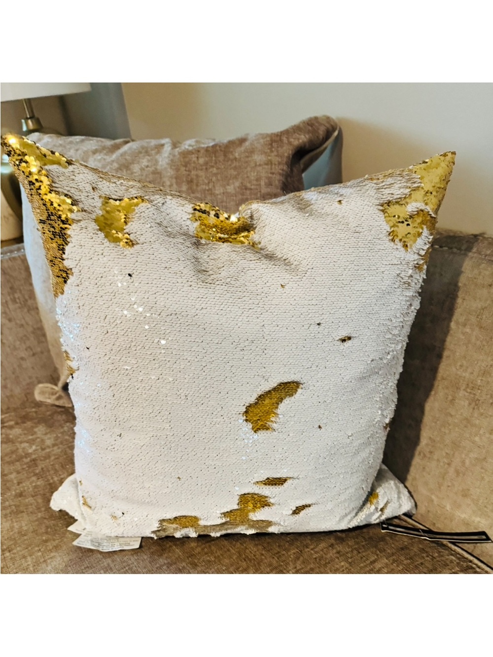 White and Gold Reversible Sequin Decorative Throw Pillow